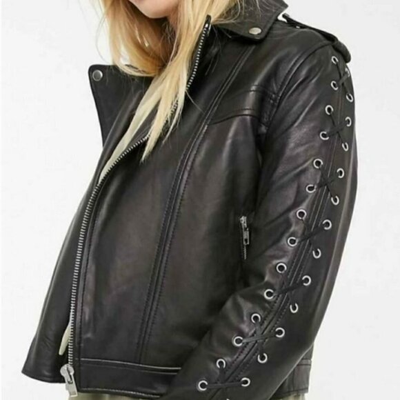 Lab 100% Lamb Leather Black Lace Up Moto Crop Jacket - Picture 6 of 9